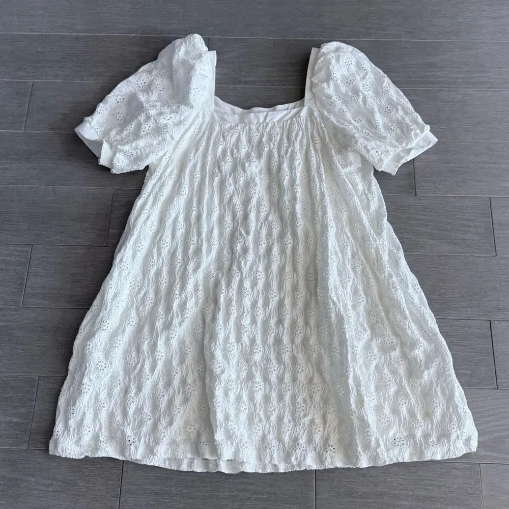 Anthropologie Maeve Eyelet Mini Dress in White M P Puff Sleeve Square Neck